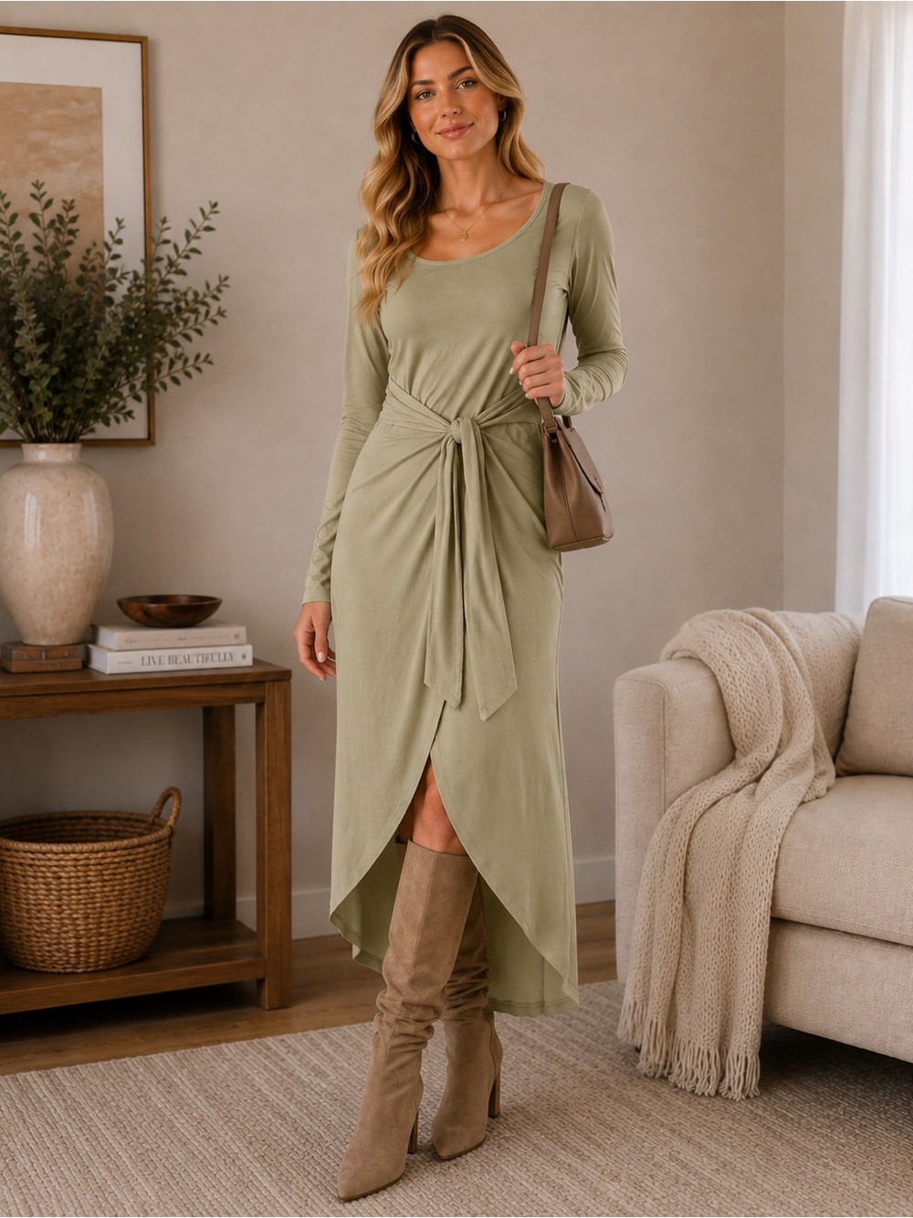 Sage Long-Sleeve Tie-Waist Wrap Midi Dress